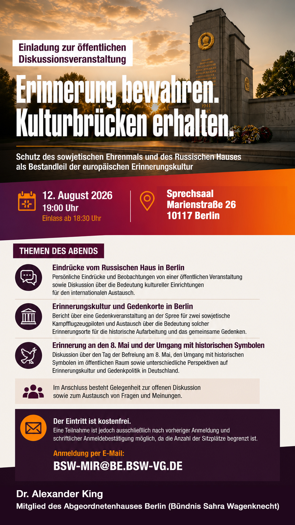 Diskussionsveranstaltung: Schutz des sowjetischen Ehrenmales und des Russischen Hauses